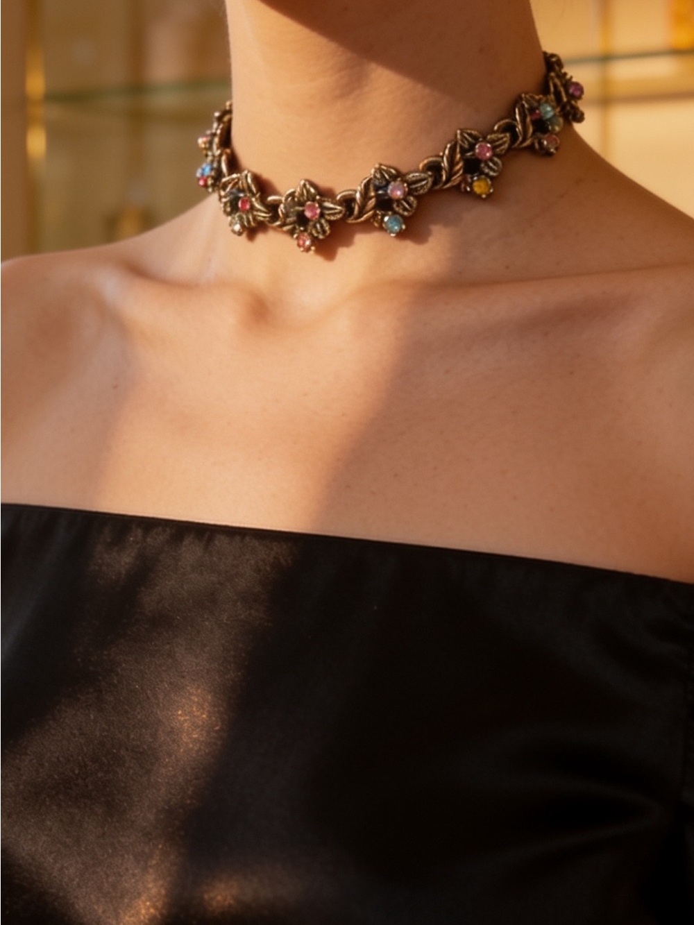 Vintage Karu Floral Crystal Choker Necklace w/Pastel Crystals on Gold tone